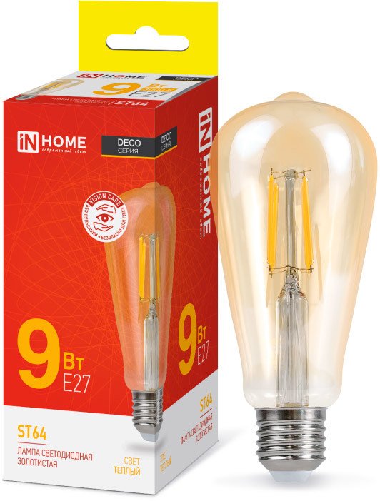 

Светодиодная лампочка In Home LED-ST64-deco gold 9Вт 230В Е27 3000К 1040Лм золотистая 4690612035659