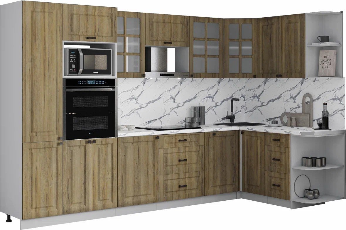 

Готовая кухня Интерлиния Мила Деко 1.68x3.2 PR (дуб вотан/дуб вотан/белый гранит)