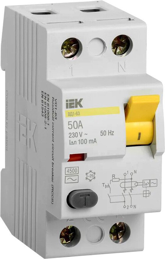 

Устройство защитного отключения IEK ВД1-63 1ф 50А 100мА 2п MDV10-2-050-100