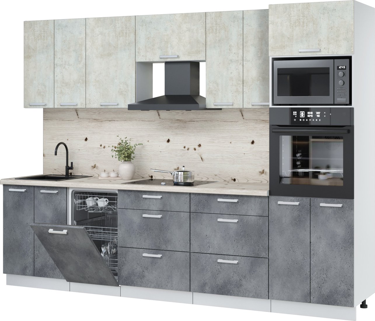 

Готовая кухня Интерлиния Мила Лайт 2.85-ПМ3 (бетон лайт/бетон портленд/бискайская сосна)