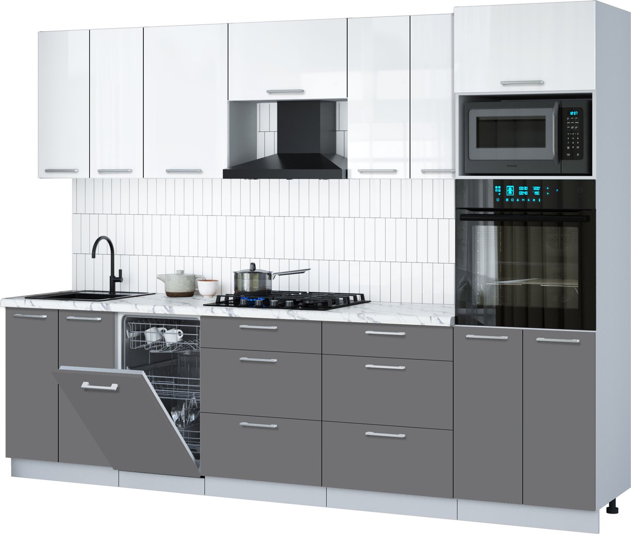 

Готовая кухня Интерлиния Мила Gloss 2.85-ПМ3 (серый/белый глянец/белый гранит)