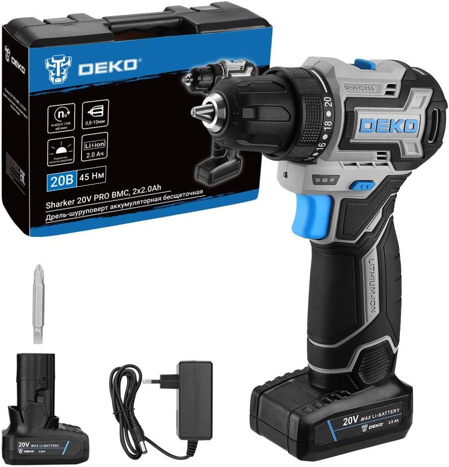 

Дрель-шуруповерт Deko Sharker 20V PRO 084-1035 (с 2-мя АКБ, кейс)