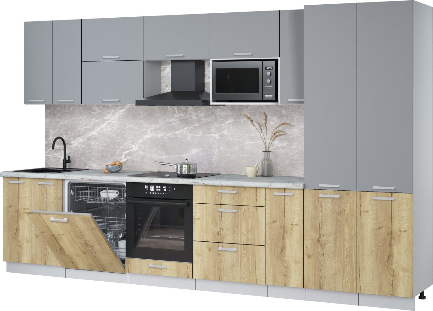 

Готовая кухня Интерлиния Мила Лайт 3.5-ПМ2 (серебро/дуб золотой/серый каспий)