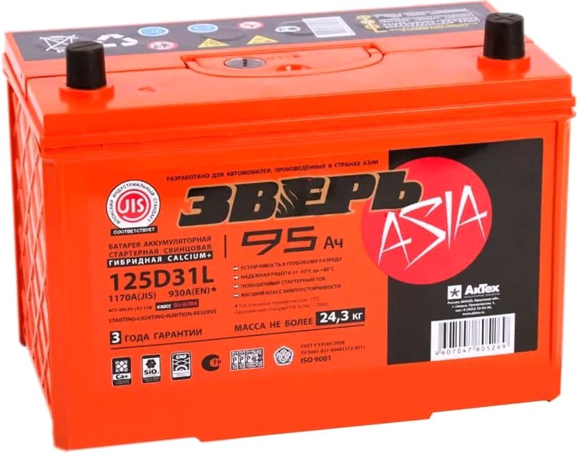 

Автомобильный аккумулятор Зверь Asia 930А L+ ЗВА95ЗL (95 А·ч)