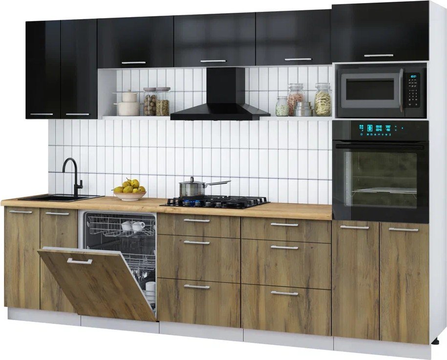 

Готовая кухня Интерлиния Мила Gloss 3.0-ПМ1 (дуб вотан/черный глянец/дуб бунратти)