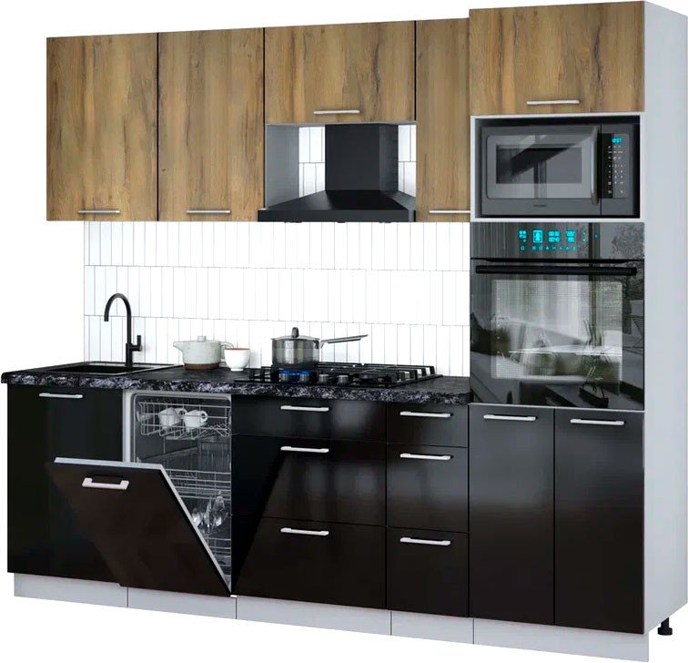 

Готовая кухня Интерлиния Мила Gloss 2.45-ПМ3 (черный глянец/дуб вотан/кастилло темный)