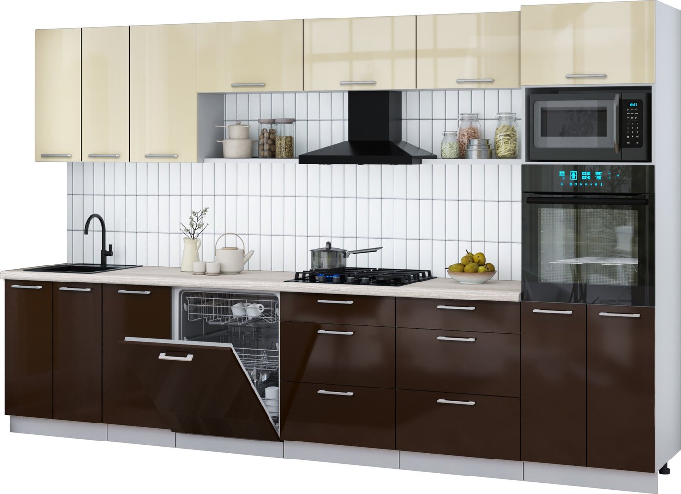 

Готовая кухня Интерлиния Мила Gloss 3.4-ПМ1-2 (шоколад глянец/ваниль глянец/травертин серый)