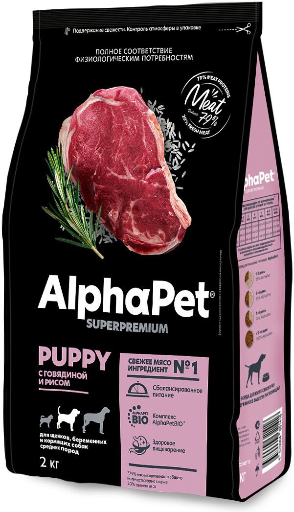 Сухой корм для собак AlphaPet Для щенков медиум с говядиной и рисом 2 кг