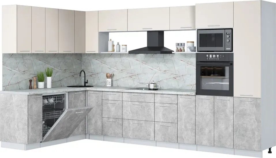 

Готовая кухня Интерлиния Мила Лайт 1.896х3.58 (персидский жемчуг/бетон/серый каспий)