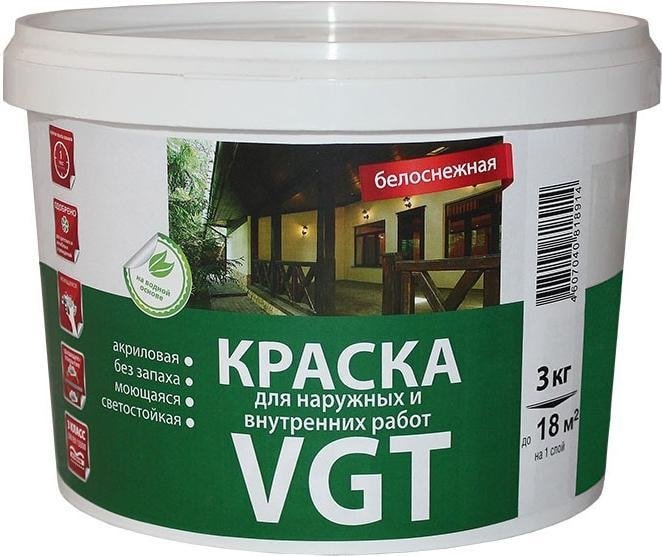 

Краска VGT Для наружн/внутр. работ Моющаяся ВД-АК-1180 3 кг (белоснежный)