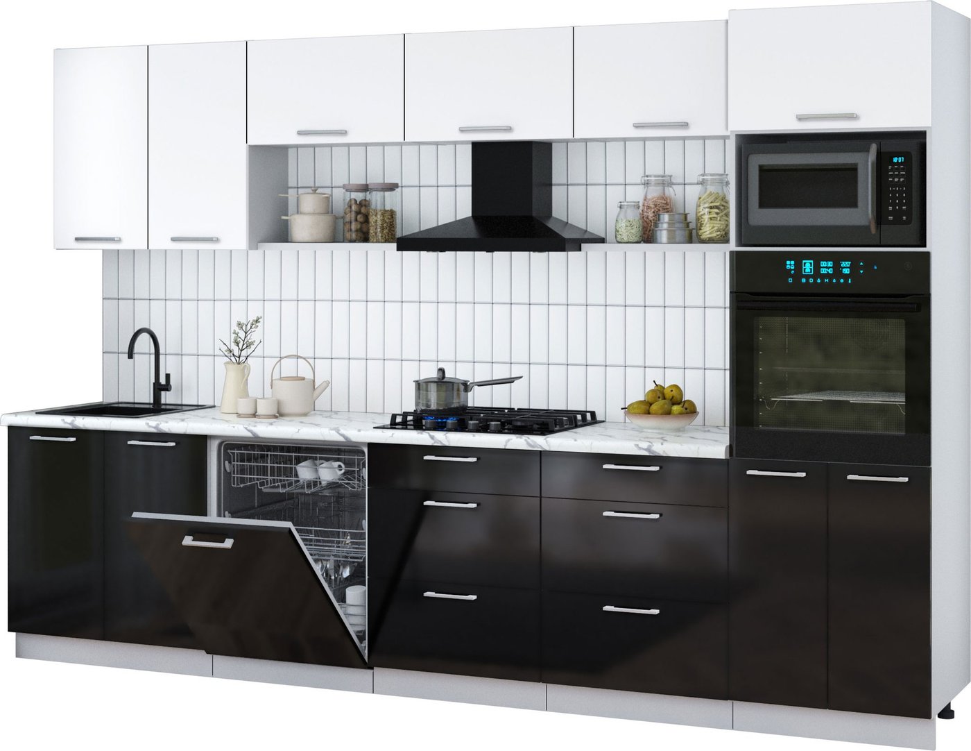 

Готовая кухня Интерлиния Мила Gloss 3.2-ПМ1 (черный глянец/белый/белый гранит)