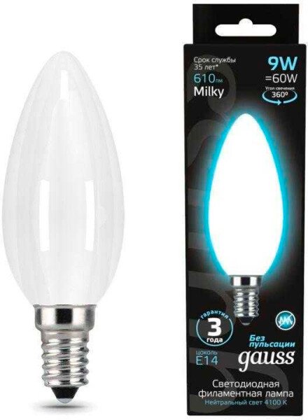 

Светодиодная лампочка Gauss Filament Свеча 9W 610lm 4100К Е14 milky LED 103201209