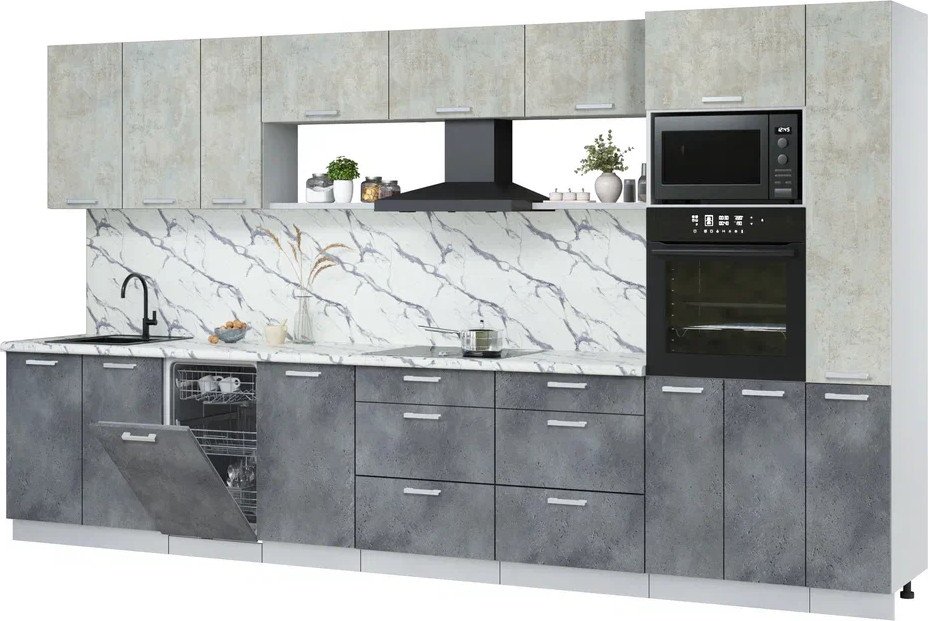 

Готовая кухня Интерлиния Мила Лайт 3.8-ПМ3 (бетон лайт/бетон портленд/белый гранит)