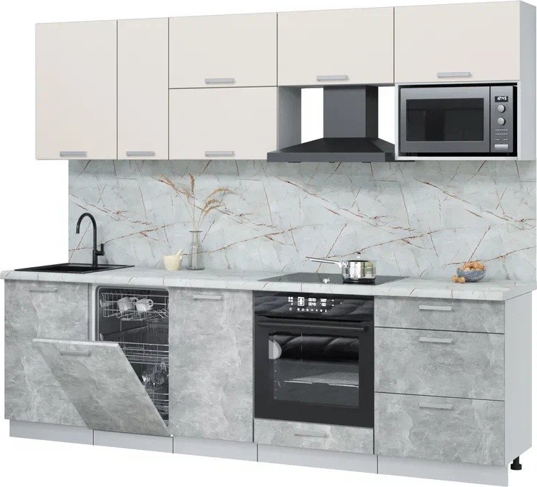 

Готовая кухня Интерлиния Мила Лайт 2.6-ПМ4 (персидский жемчуг/бетон/серый каспий)