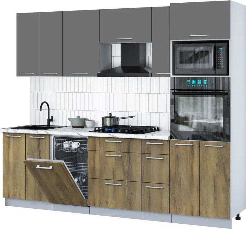 

Готовая кухня Интерлиния Мила Gloss 2.55-ПМ3 (дуб вотан/серый/белый гранит)