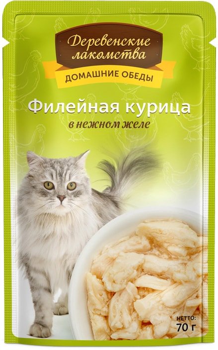 

Консервированный корм для кошек Деревенские лакомства Филейная курица в желе 70 г