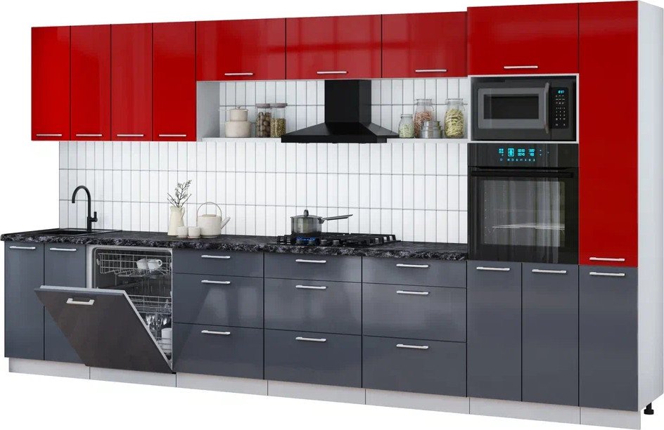 

Готовая кухня Интерлиния Мила Gloss 3.9-ПМ1 (асфальт глянец/красный глянец/кастилло темный)