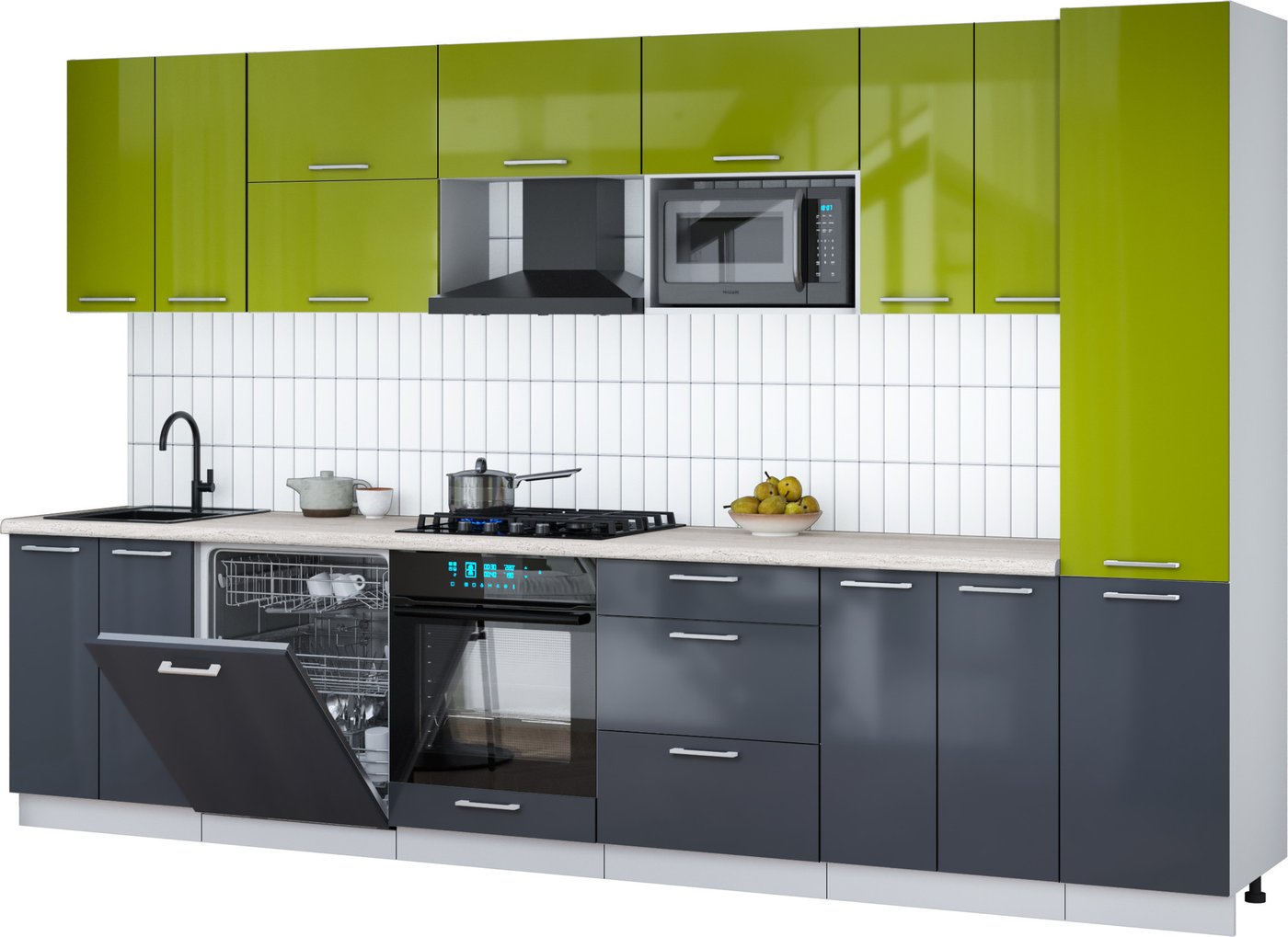 

Готовая кухня Интерлиния Мила Gloss 3.4-ПМ2 (асфальт глянец/яблоко глянец/травертин серый)