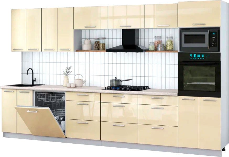 

Готовая кухня Интерлиния Мила Gloss 3.6-ПМ1-2 (ваниль глянец/ваниль глянец/травертин серый)