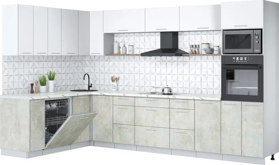 

Готовая кухня Интерлиния Мила Лайт 1.896х3.38-2 (белый платинум/бетон лайт/белый гранит)