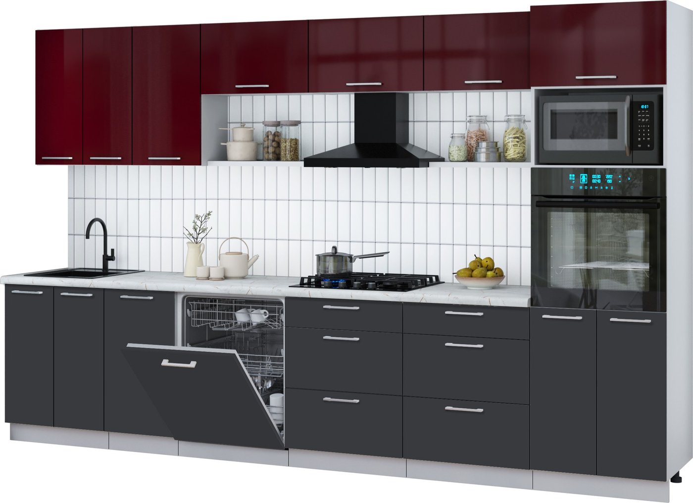 

Готовая кухня Интерлиния Мила Gloss 3.4-ПМ1-2 (пепел/бордовый глянец/серый каспий)