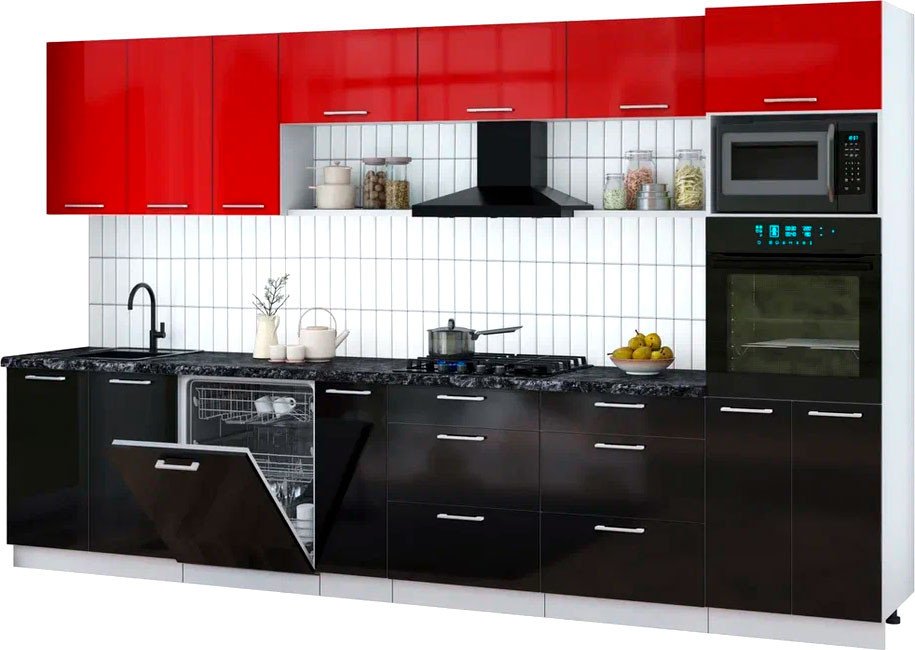 

Готовая кухня Интерлиния Мила Gloss 3.5-ПМ1-2 (черный глянец/красный глянец/кастилло темный)