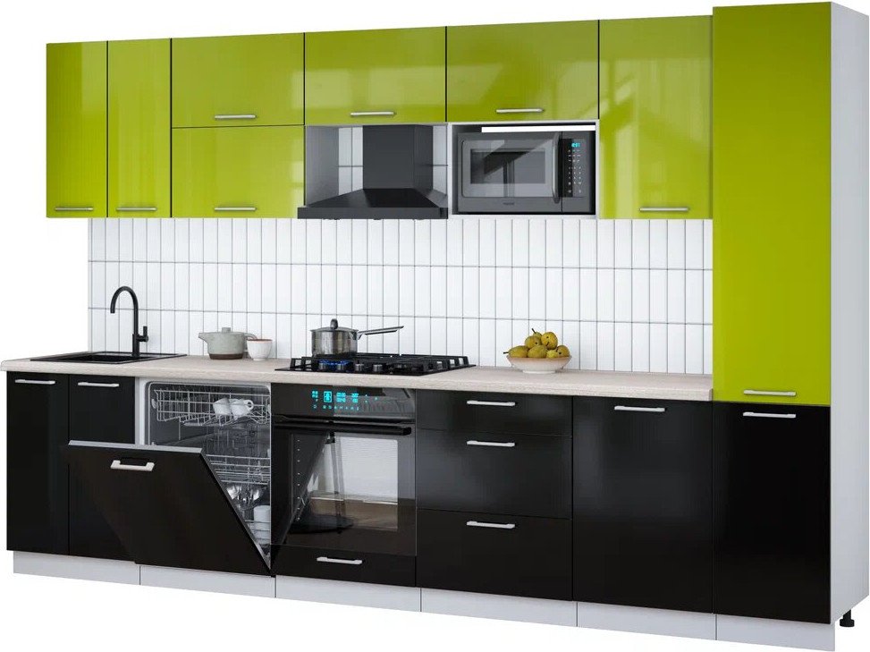 

Готовая кухня Интерлиния Мила Gloss 3.3-ПМ2 (черный глянец/яблоко глянец/травертин серый)