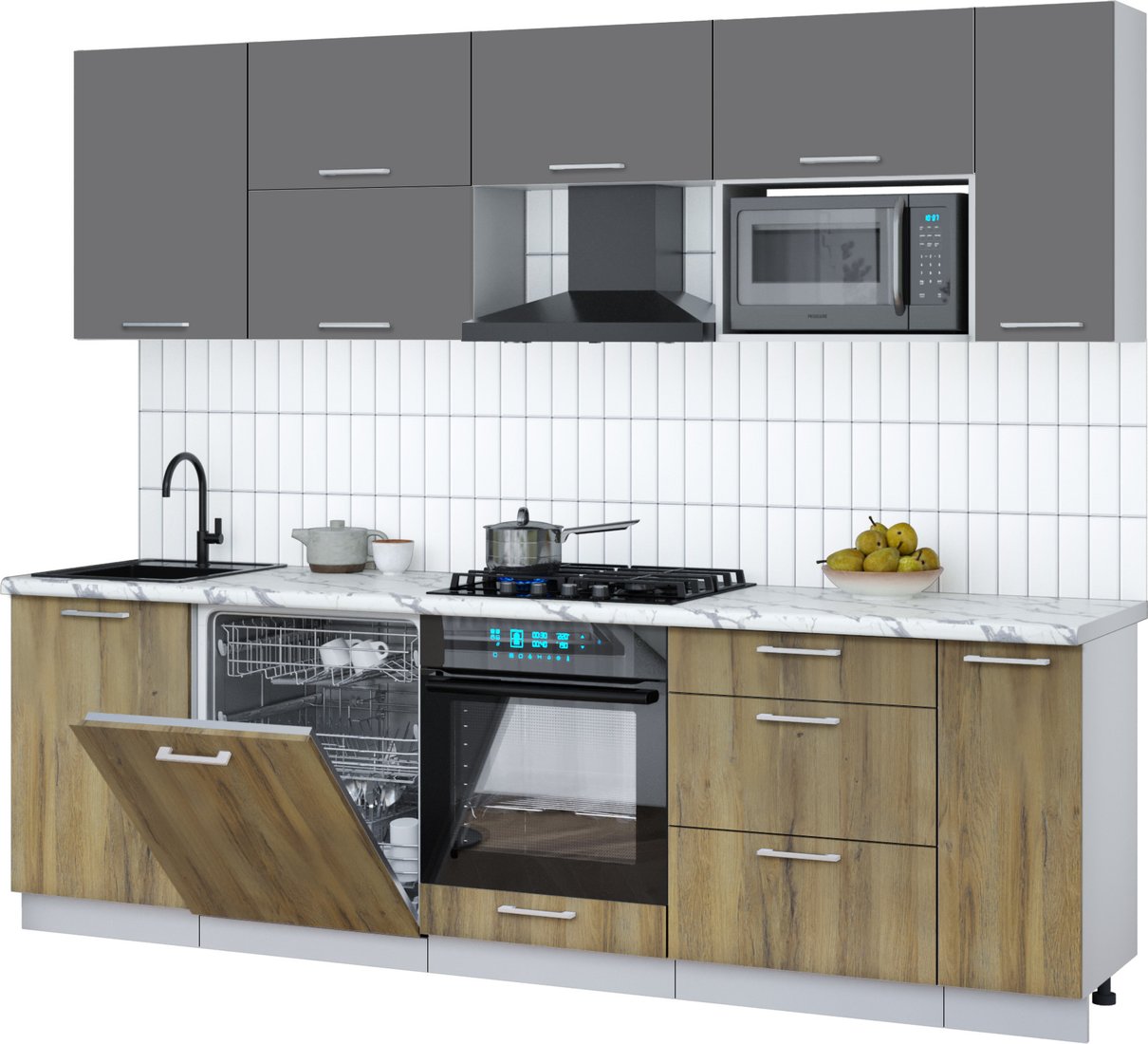 

Готовая кухня Интерлиния Мила Gloss 2.6-ПМ2 (дуб вотан/серый/белый гранит)