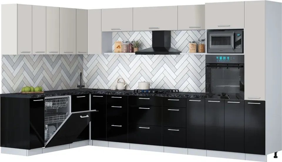 

Готовая кухня Интерлиния Мила Gloss 1.896х3.48 (черный глянец/кашемир/кастилло темный)