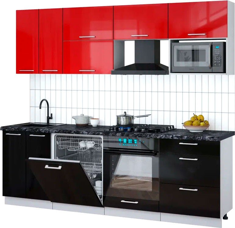 

Готовая кухня Интерлиния Мила Gloss 2.4-ПМ2 (черный глянец/красный глянец/кастилло темный)