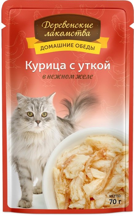 

Консервированный корм для кошек Деревенские лакомства Курица с уткой в желе 70 г