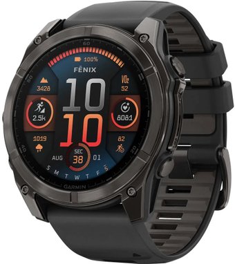 Garmin Fenix 8 Sapphire 51мм (угольно-серый DLC, пепельно-черный силиконовый ремешок)