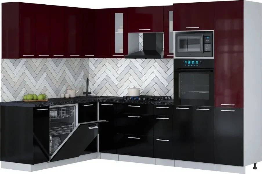 

Готовая кухня Интерлиния Мила Gloss 1.896х2.78 (черный глянец/бордовый глянец/кастилло темный)