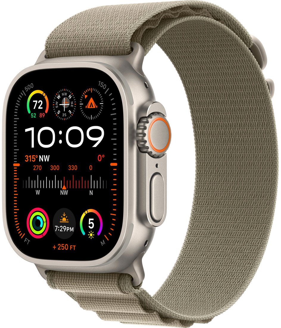 

Умные часы Apple Watch Ultra 2 LTE 49 мм (титановый корпус, титановый/оливковый, текстильный ремешок размера M)