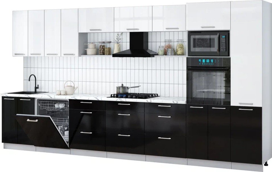 

Готовая кухня Интерлиния Мила Gloss 4.0-ПМ1 (черный глянец/белый глянец/белый гранит)