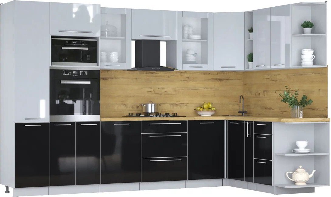 

Готовая кухня Интерлиния Мила Пластик 1.88x3.2 PR (туманный глянец/черный глянец/дуб бунратти)