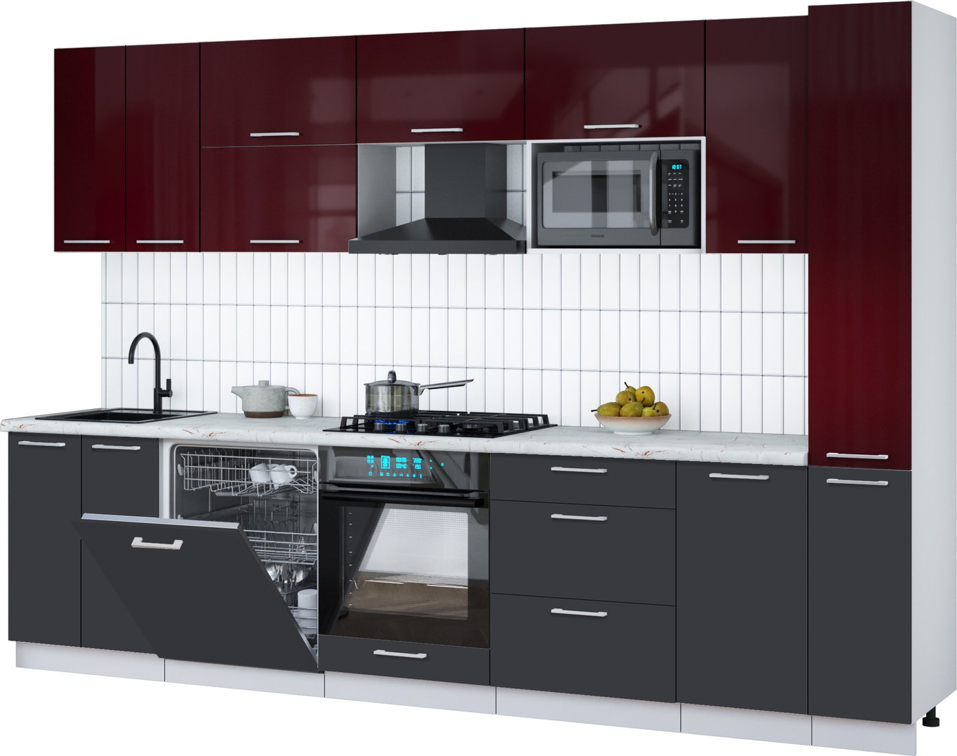 

Готовая кухня Интерлиния Мила Gloss 3.1-ПМ2 (пепел/бордовый глянец/серый каспий)