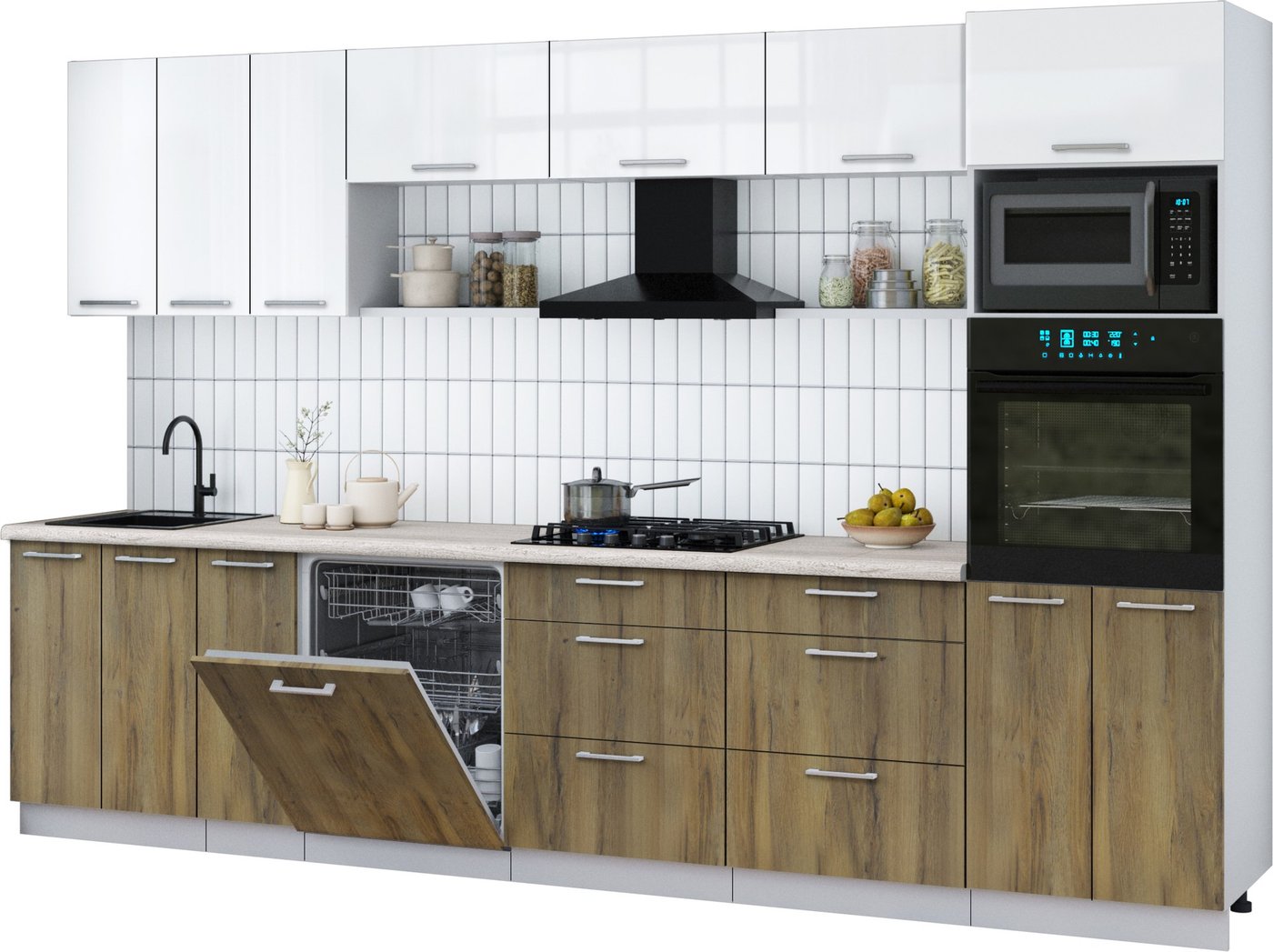 

Готовая кухня Интерлиния Мила Gloss 3.3-ПМ1-2 (дуб вотан/белый глянец/травертин серый)