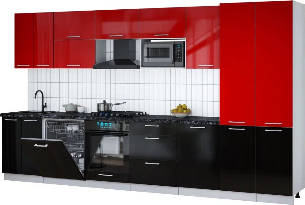 

Готовая кухня Интерлиния Мила Gloss 3.7-ПМ2 (черный глянец/красный глянец/кастилло темный)