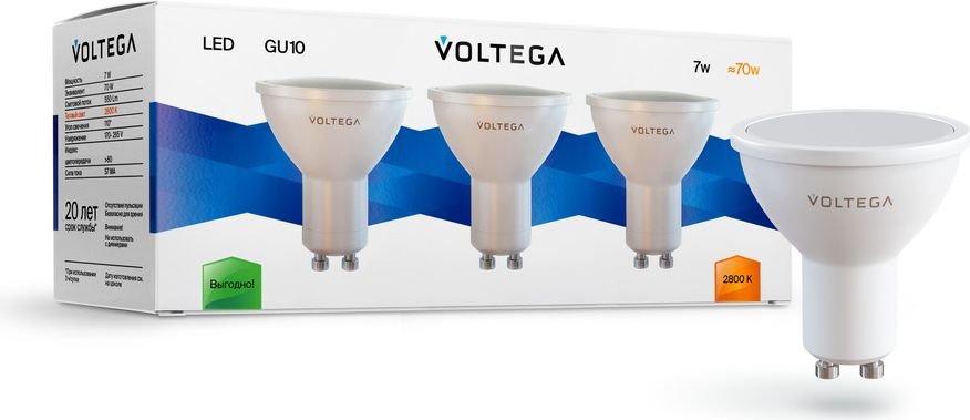 

Светодиодная лампочка Voltega Simple MR16 7W 2800K 110° GU10 (3 шт) 7172