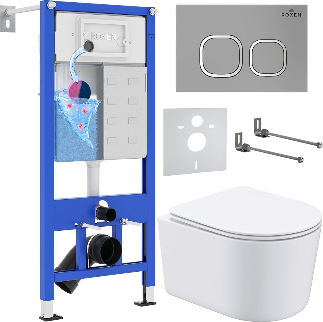 

Унитаз подвесной Roxen Simple Compact в комплекте с инсталляцией StounFix Dual Fresh 6 в 1 919136 (кнопка: хром матовый)