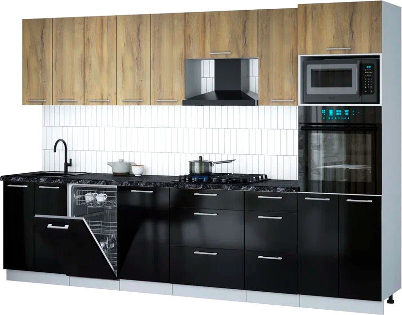 

Готовая кухня Интерлиния Мила Gloss 3.1-ПМ3 (черный глянец/дуб вотан/кастилло темный)