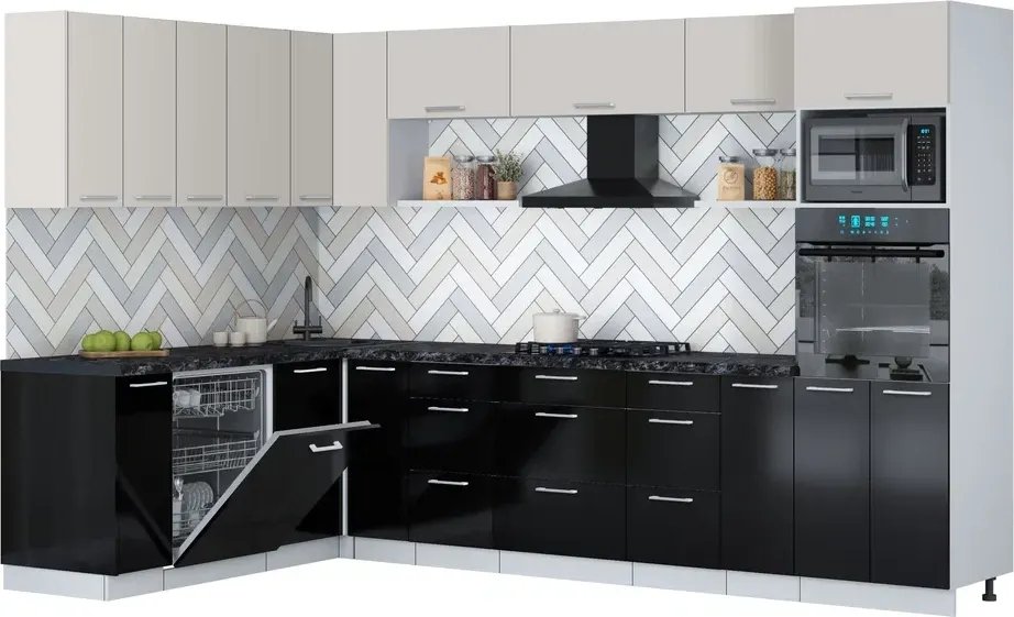 

Готовая кухня Интерлиния Мила Gloss 1.896х3.18 (черный глянец/кашемир/кастилло темный)