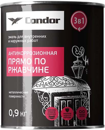 

Эмаль Condor Антикоррозионная прямо по ржавчине 3в1 0.9 кг (белый)