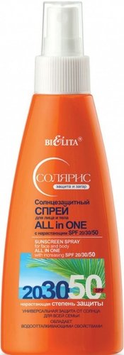 Спрей солнцезащитный Belita Солнцезащитный спрей ALL IN ONE с нарастающим SPF 20/30/50 150мл