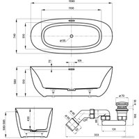 Ванна Wellsee Éclatant 159x74 231301003 (отдельностоящая ванна белый глянец, экран, ножки, сифон-автомат матовый черный)