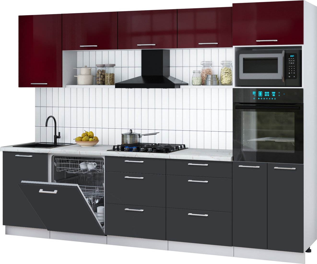 

Готовая кухня Интерлиния Мила Gloss 2.9-ПМ1 (пепел/бордовый глянец/серый каспий)