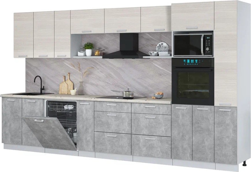 

Готовая кухня Интерлиния Мила Лайт 3.8-ПМ1 (вудлайн кремовый/бетон/бискайская сосна)