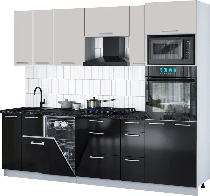 

Готовая кухня Интерлиния Мила Gloss 2.55-ПМ3 (черный глянец/кашемир/кастилло темный)