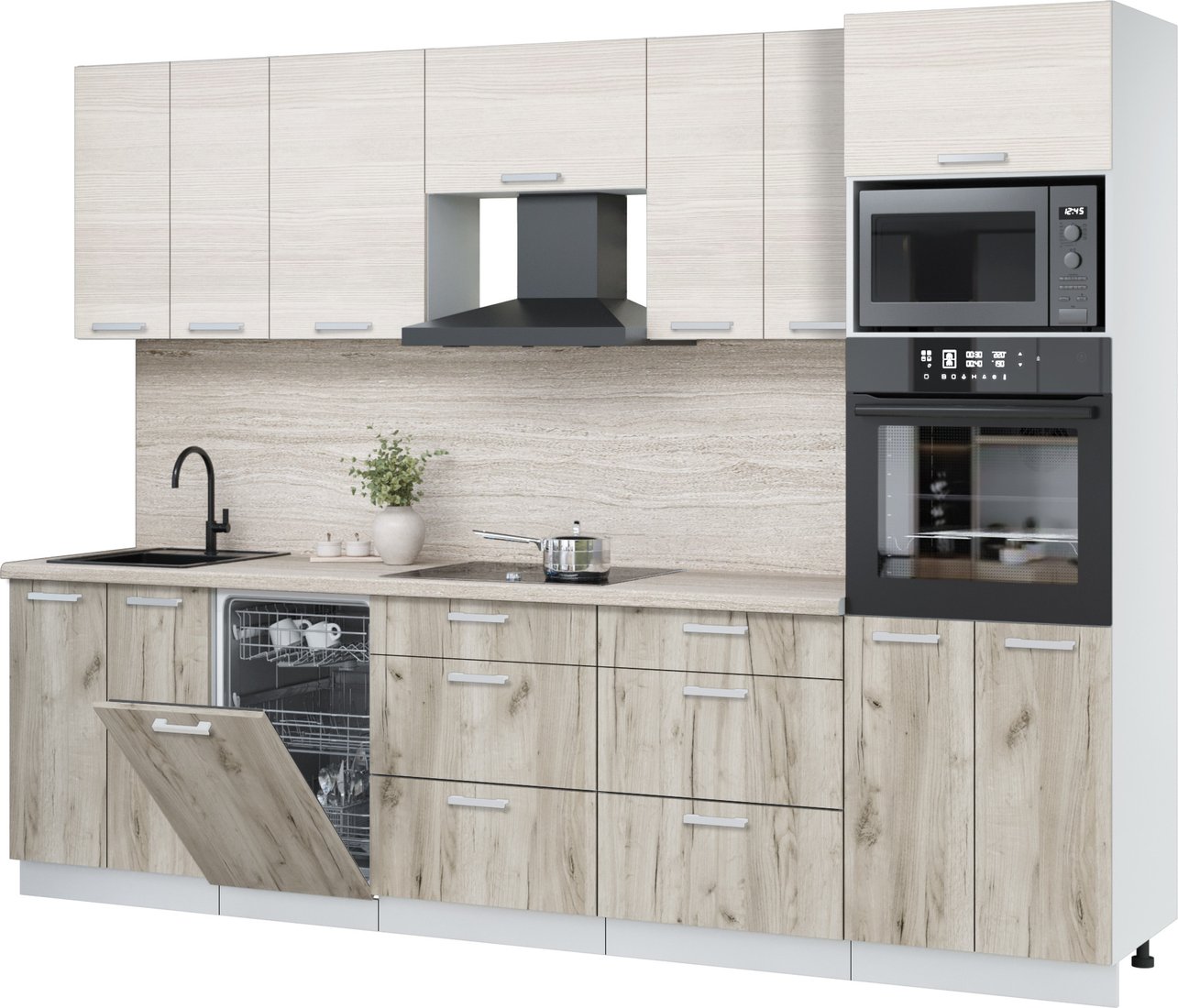 

Готовая кухня Интерлиния Мила Лайт 2.85-ПМ3 (вудлайн кремовый/дуб серый/травертин серый)